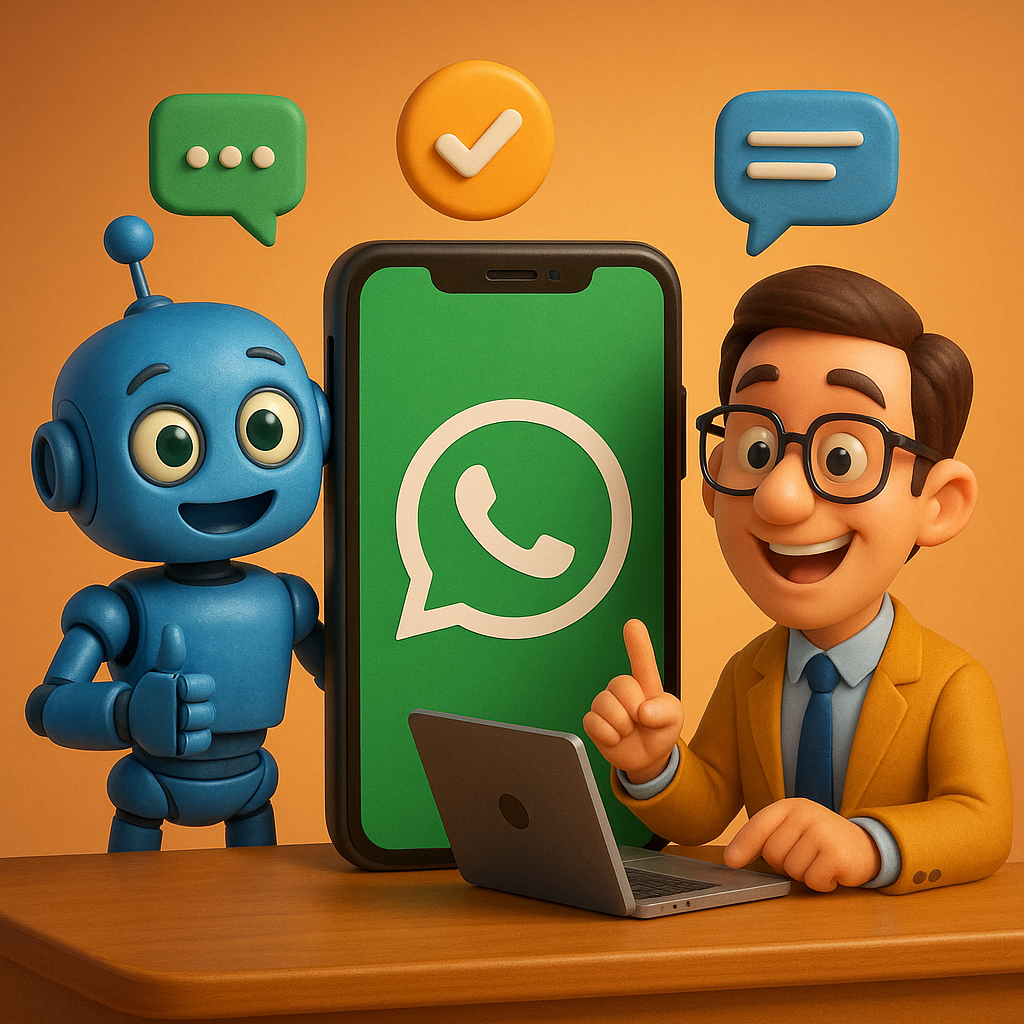 Ilustração 3D estilo Pixar de um robô e um empresário interagindo com um smartphone exibindo o logo do WhatsApp, representando automação de WhatsApp, em um cenário colorido e alegre.