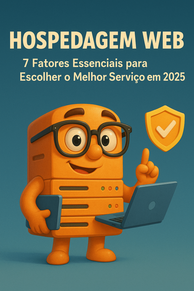 Ilustração estilo Pixar de um servidor antropomorfizado trabalhando em um computador com um ícone de nuvem ao lado, representando o conceito de hospedagem web.