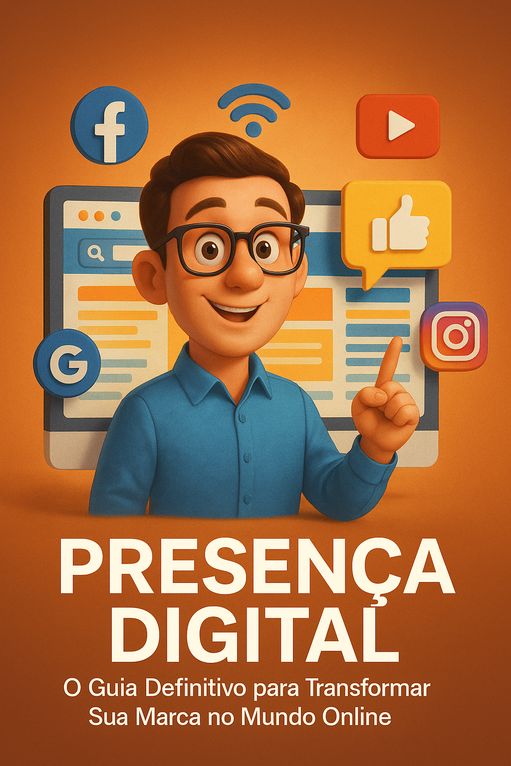 Ilustração em estilo Pixar de um homem sorridente usando óculos e camisa azul em frente a uma tela de computador com ícones de redes sociais ao redor, representando o conceito de presença digital de forma moderna e acessível.