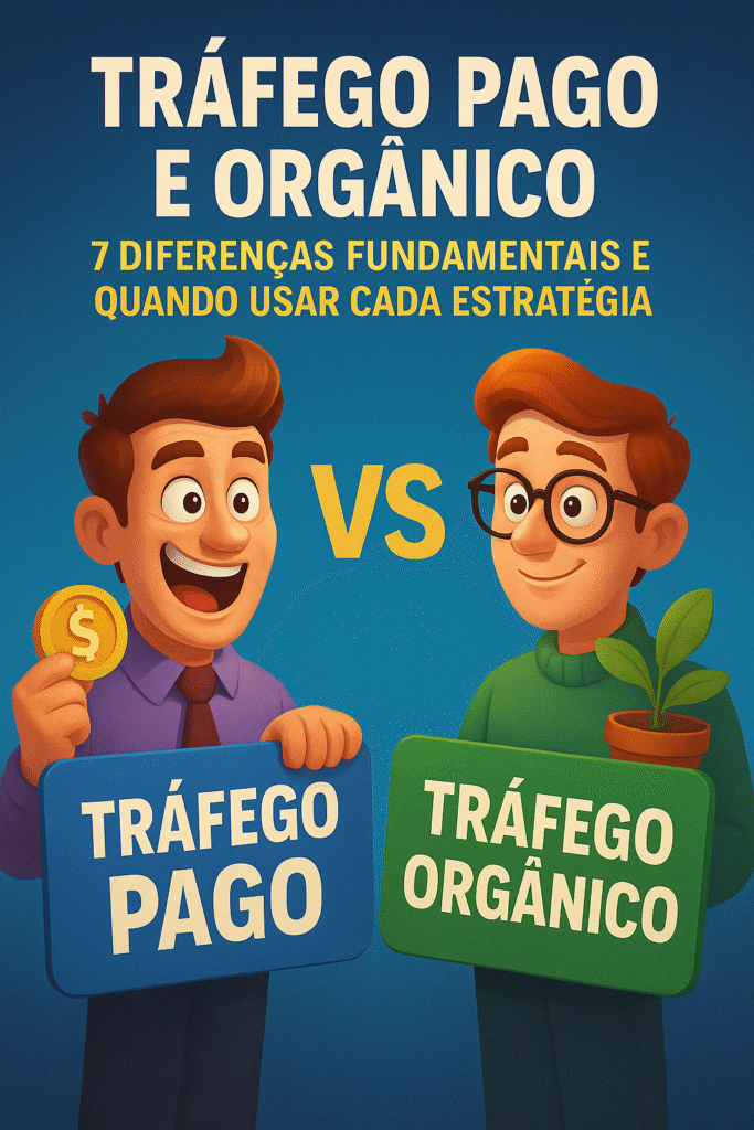 Comparação entre tráfego pago e orgânico mostrando gráficos de performance e investimento