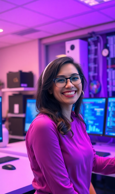 Mulher feliz em um escritório de tecnologia roxo