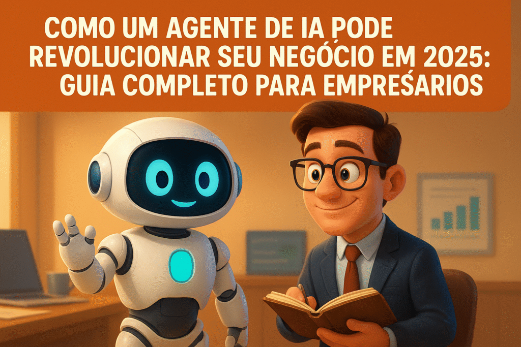 Agente de IA interage com empresário em escritório moderno, representando a colaboração entre humanos e inteligência artificial em um cenário animado no estilo Pixar.