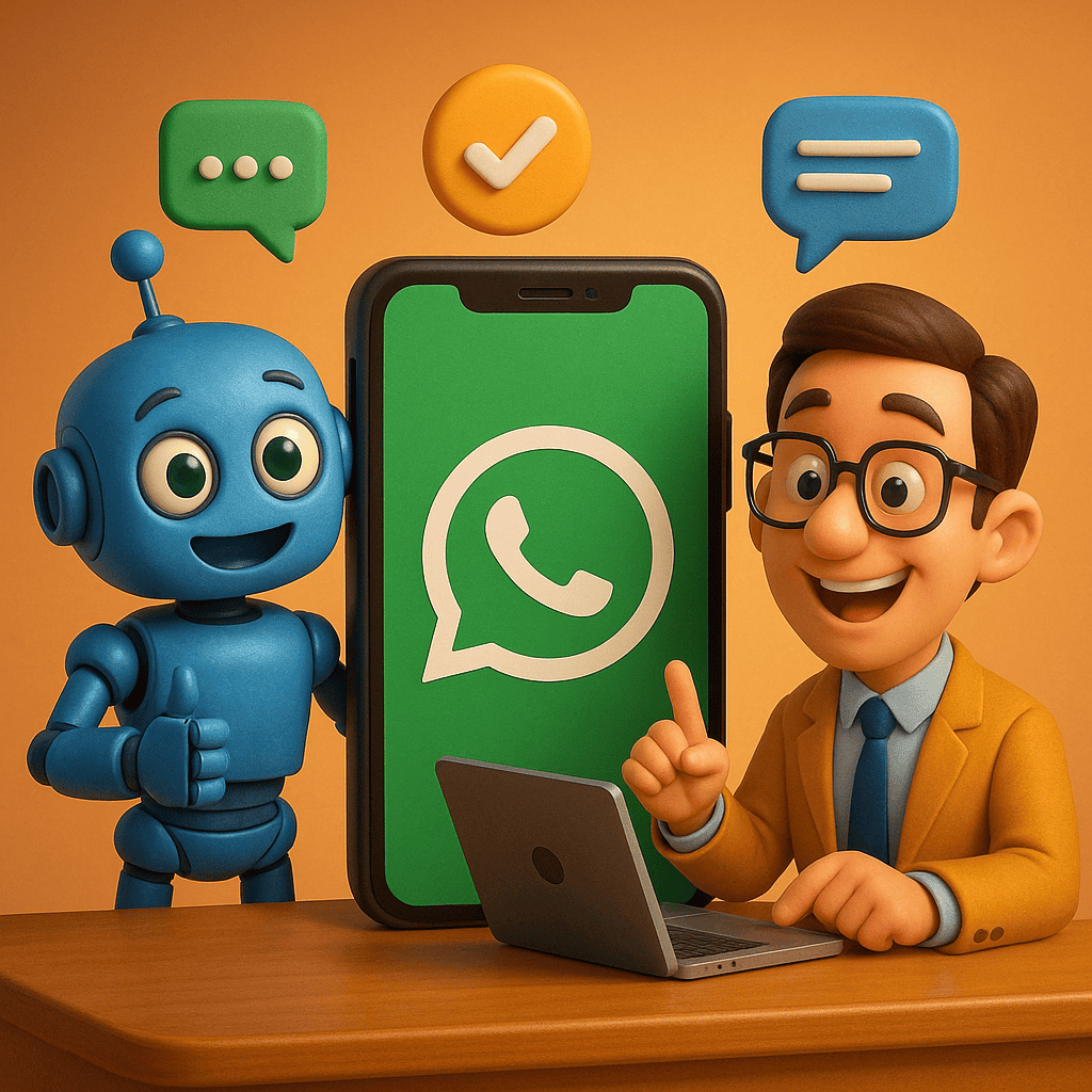 Ilustração 3D estilo Pixar de um robô e um empresário interagindo com um smartphone exibindo o logo do WhatsApp, representando automação de WhatsApp, em um cenário colorido e alegre.