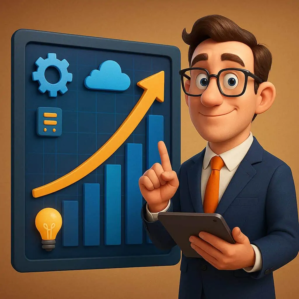 Empresário em estilo Pixar apresentando gráficos de crescimento e ícones tecnológicos, simbolizando a transformação digital