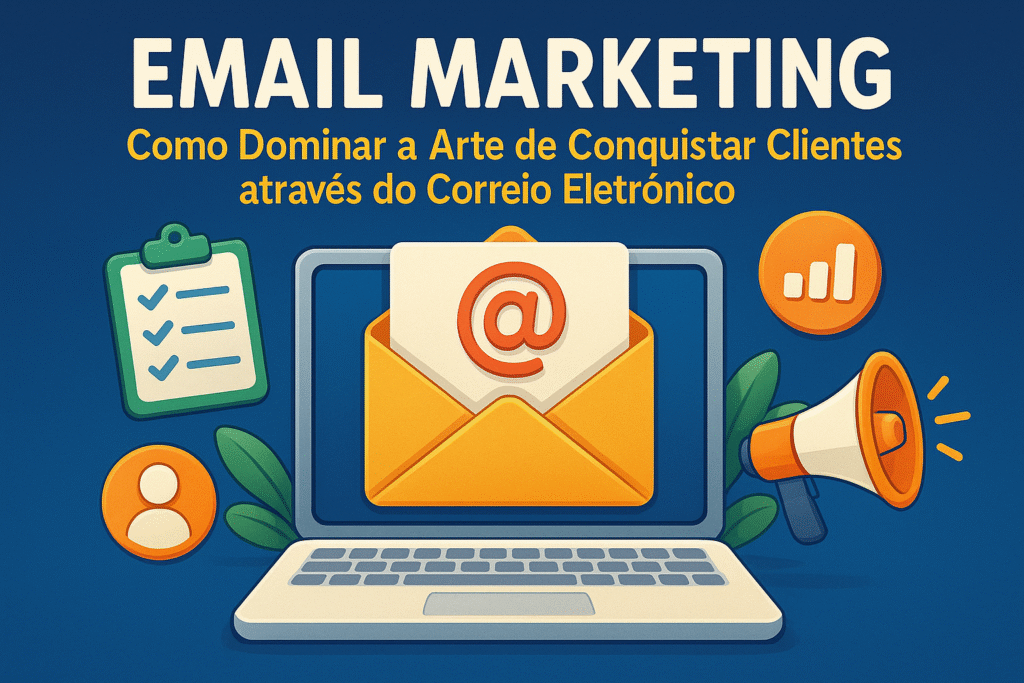 Ilustração em estilo Pixar mostrando um laptop com um envelope amarelo com símbolo @ na tela, cercado por ícones de lista, usuário, gráfico e megafone, com o título Email Marketing Como Dominar a Arte de Conquistar Clientes através do Correio Eletrônico destacado na parte superior.