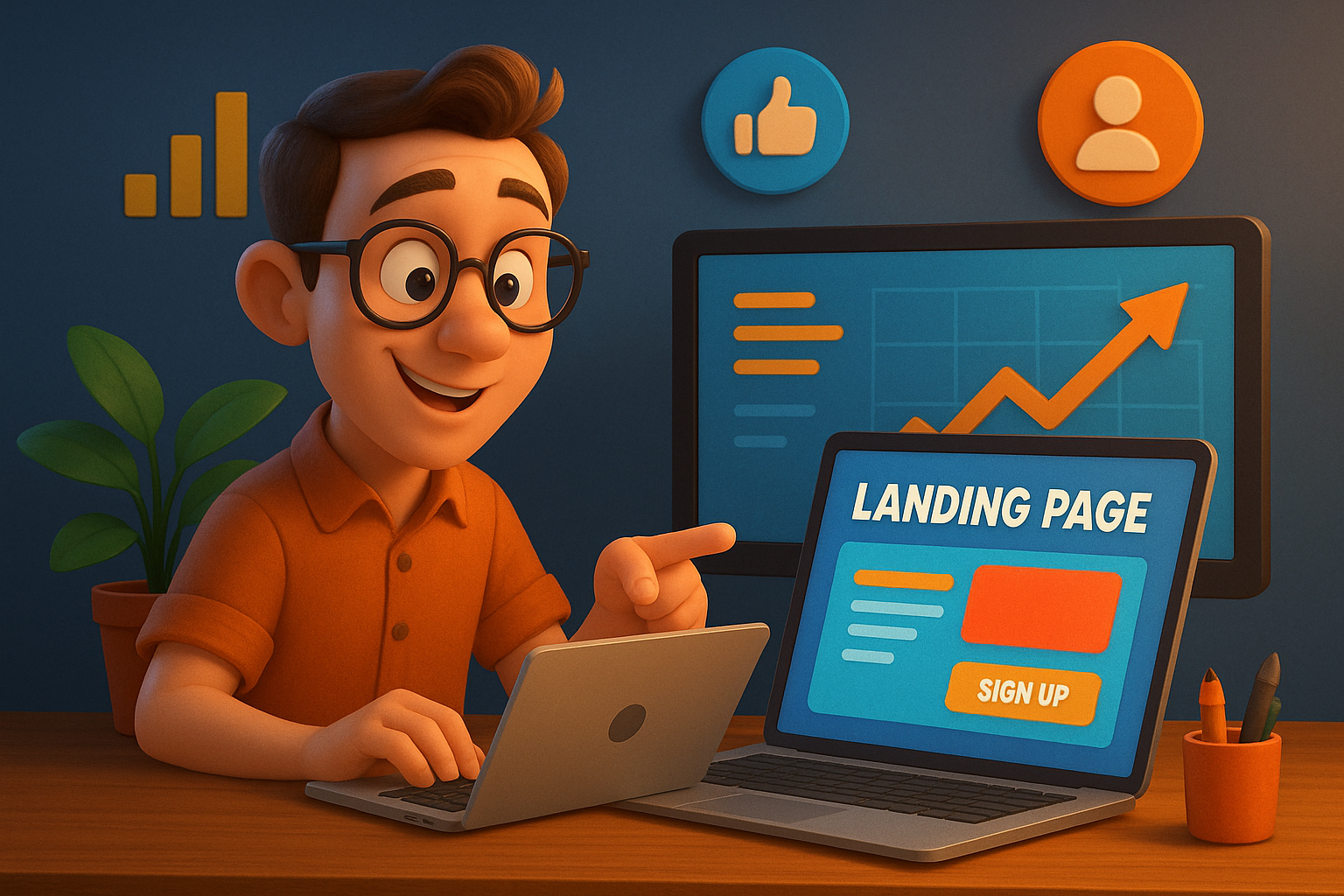 Ilustração 3D em estilo Pixar mostrando um personagem sorridente com óculos e suéter laranja ao lado de um notebook exibindo uma landing page, representando o conceito de conversão de visitantes em clientes.
