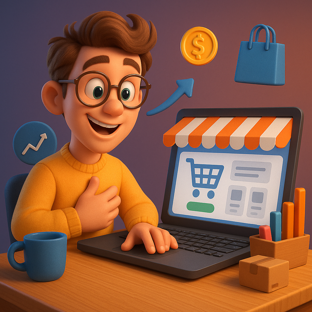 Ilustração em estilo Pixar de um jovem empreendedor animado usando um laptop, rodeado por ícones de carrinho, moeda e sacola de compras, simbolizando uma loja virtual de sucesso