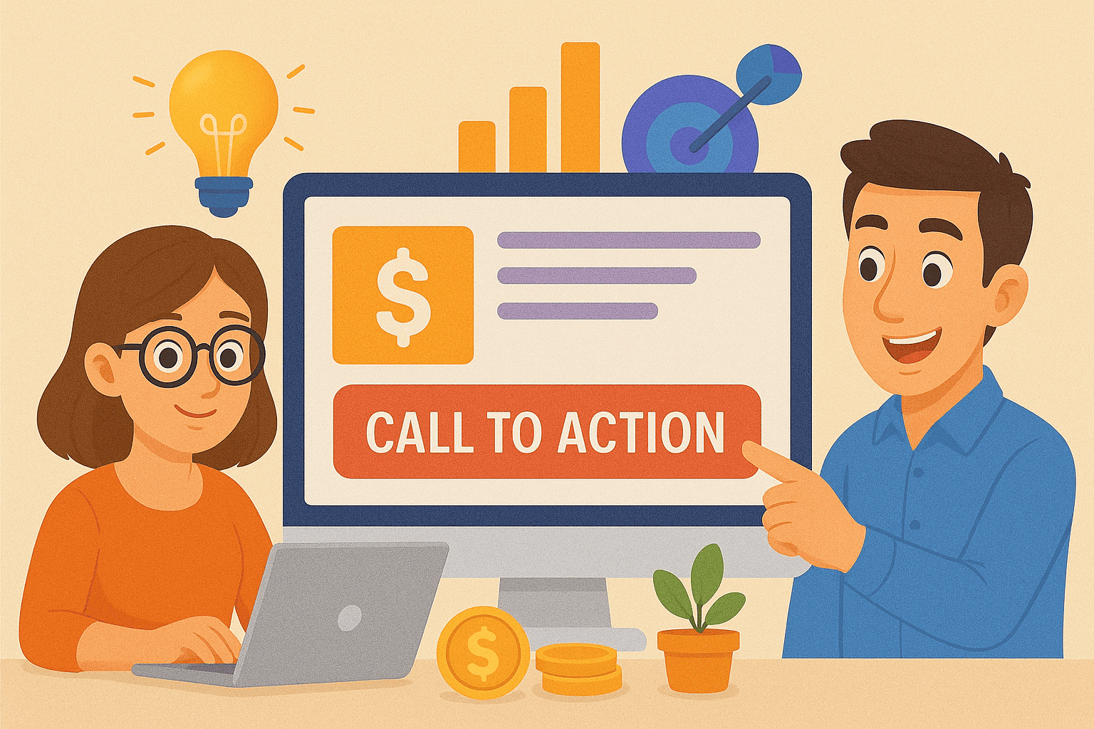 Ilustração colorida em estilo moderno mostrando duas pessoas interagindo com uma página de vendas em um computador, com elementos gráficos como gráfico de barras, alvo e botão de call to action.