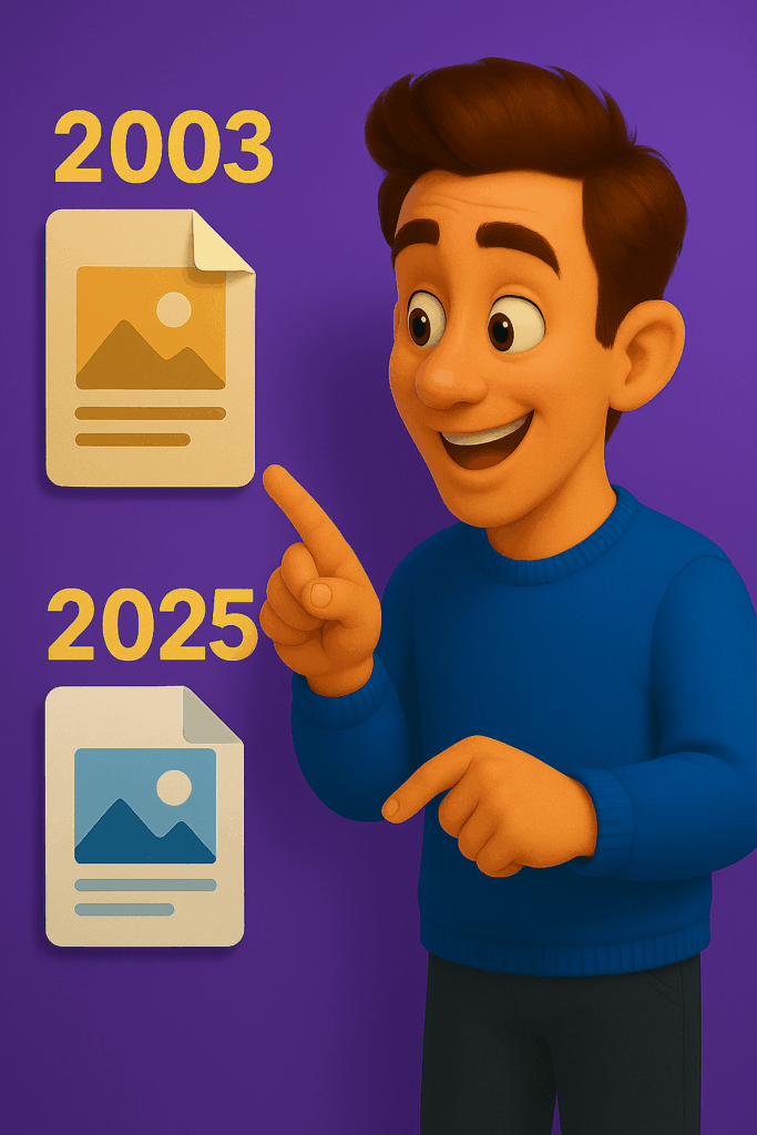 Um personagem 3D sorridente, vestindo um suéter azul, aponta para dois ícones de arquivo no formato PNG sobre um fundo roxo