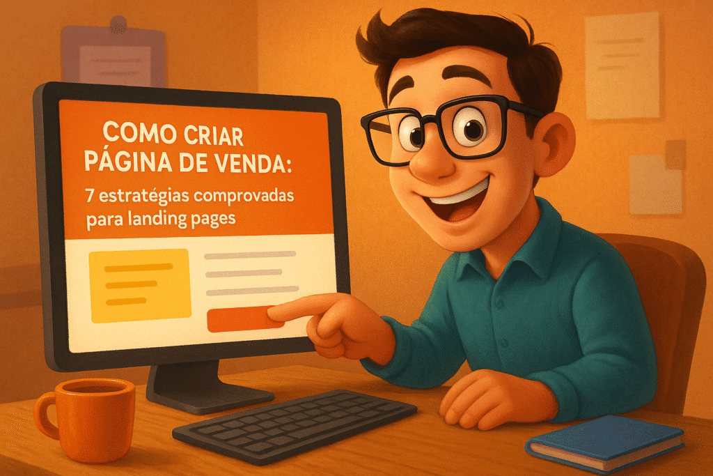 Ilustração em estilo flat mostrando um personagem sorridente segurando um tablet com uma landing page na tela, ao lado do texto destacado Como criar página de venda