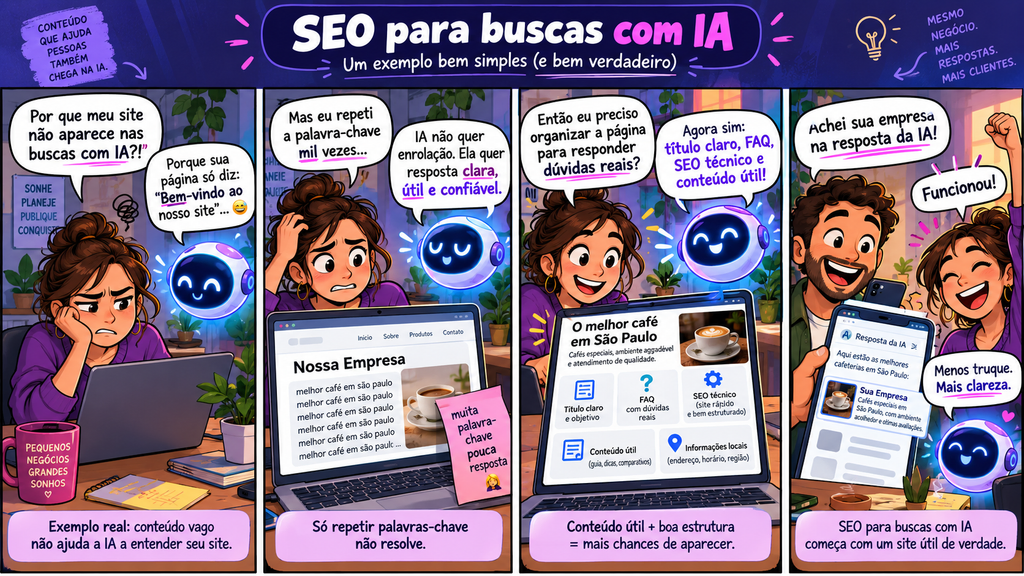 SEO para buscas com IA com exemplo prático de otimização de conteúdo para Google AI Overviews e assistentes
